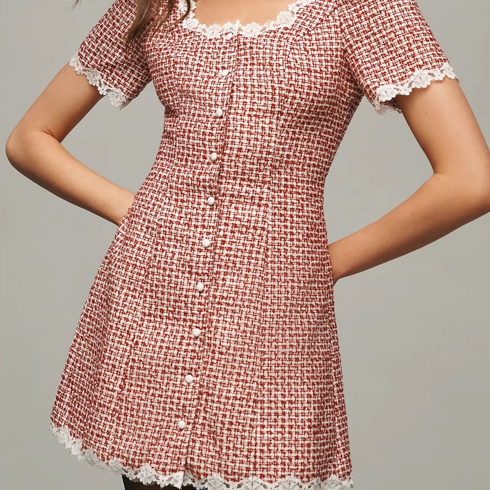 NWT Anthropologie *Replica* Dress Elegant Red Tweed Mini Dress with Lace Trim - Picture 2 of 6